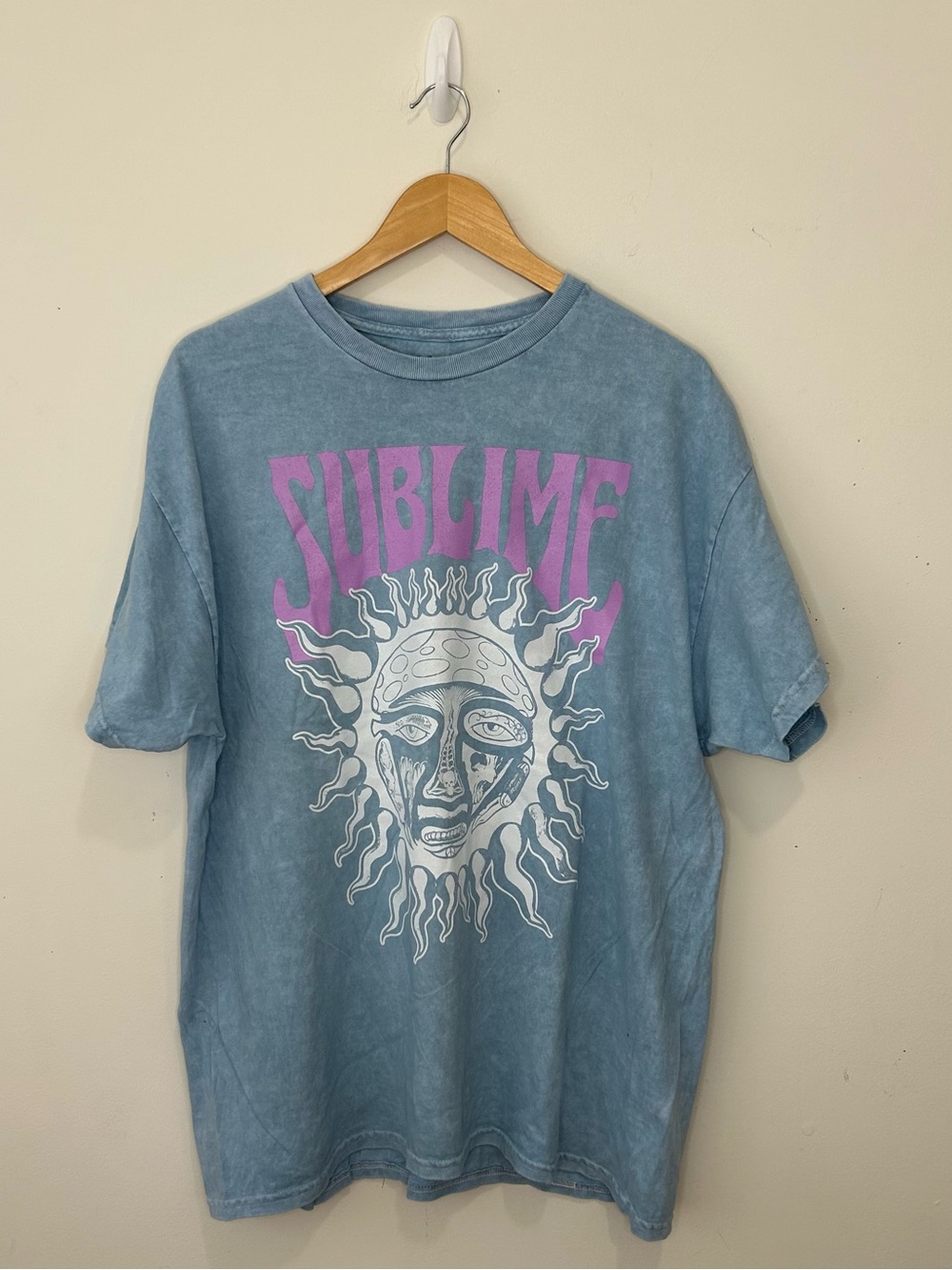 Sublime Band Tee In Washed Blue With Pink Logo XL New